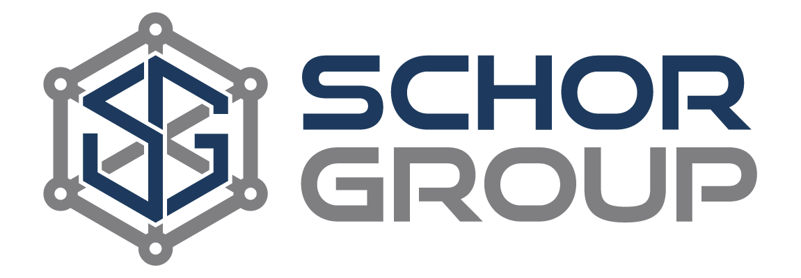 Schor Group logo: Hexagonal graphic with interlocking letters SBG, next to text "SCHOR GROUP" in navy and gray.